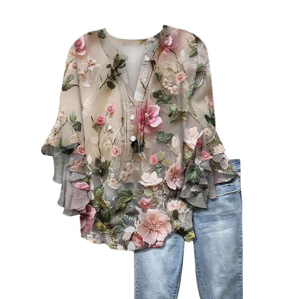 Blouses for Women Dressy Casual Floral V-Neck Chiffon Tunic Tops 3/4 Sleeve